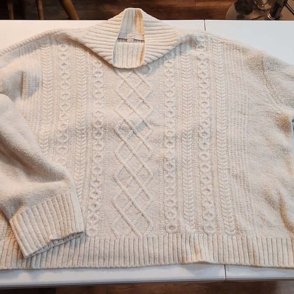 Loft Cable Knit Mock Neck Sweater in Ivory